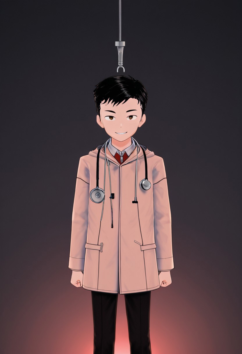 harmard, black hair, short hair, brown eyes, 1boy, solo, solo focus, wearing doctor uniform, black pants, stethoscope hanging on neck, evil smile, young, youthful, young man