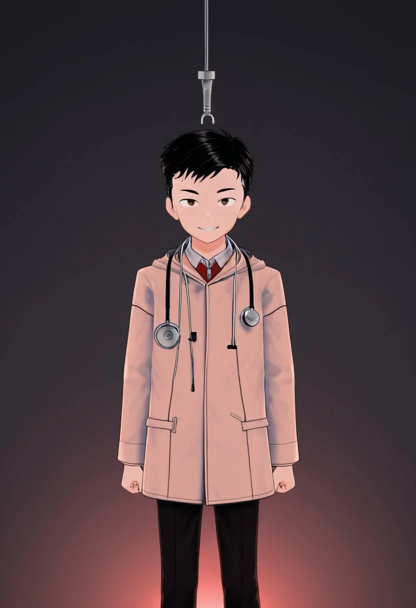 harmard, black hair, short hair, brown eyes, 1boy, solo, solo focus, wearing doctor uniform, black pants, stethoscope hanging on neck, evil smile, young, youthful, young man