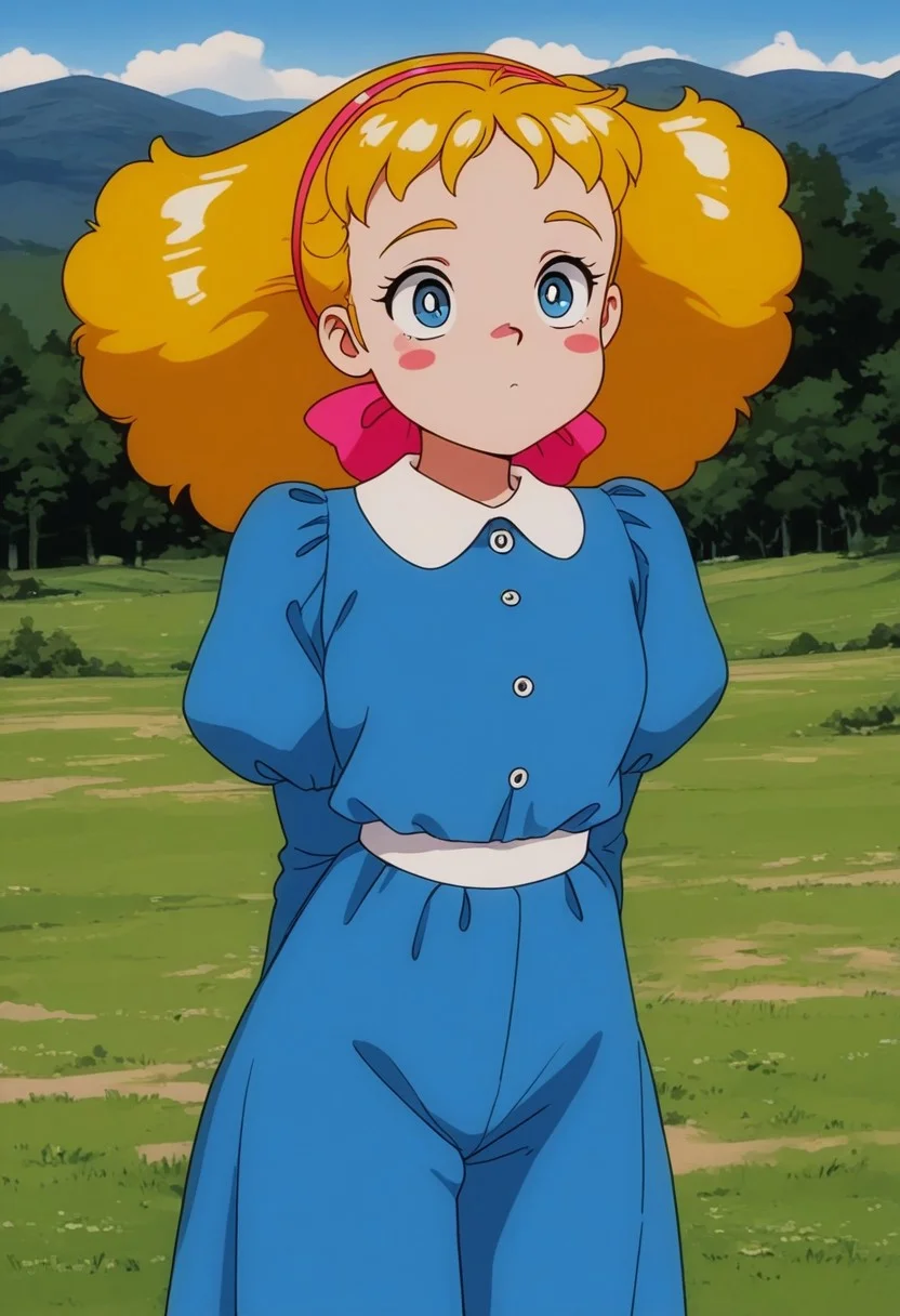 score_9, masterpiece, perfect quality, 1girl, mary-lennox, blonde hair, hairband, blue eyes, blush stickers, outfit2, outdoors, retro artstyle