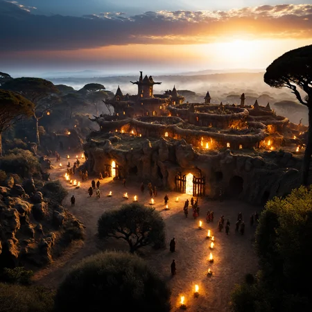(award winning cinematic composition) , masterwork, award winning, landscape of a (cinematic film still,transformed and strengthened by the fires of adversity, ((Exterior Aerial Shot,Tudor Style, Roundhouse,set in Land Cave)) ,long shot of a Psychadelic glamourous,cinematic photo IMAX film still:1.3) in the distance there is a Maras Salt Ponds, it is very Inspirational and Honorable, crowded forest and Space-time continuum in background, at Sunrise, Visual novel, Suffering, Grimdark, dramatic lighting, double exposure, Canon eos 5d mark 4, 35mm, Ambrotype, silhouette, epic fantasy, UHD, professional, <lora:add-detail-xl:2.5>, <lora:FFai.0065.Zavychromaxl_B2.lora:0.35>, <lora:AdvancedEnhancerXLv2:0.35>,<lora:lowra_v10:.40>, <lora:Seaty_Art_Style_SDXL:0.25> seaty <lora:SDXL1.0_Essenz-series-by-AI_Characters_Style_DarkestDungeonChrisBourassa-v1.1:0.33> comic book artwork in dgst artstyle <lora:Radiant_Darkness:0.54> Radiant Darkness <lora:polyhedron_photostudio-000005:.5> studio lighting, key light, fill light, rim light, back light <lora:ObsidianCitrine:0.5> ObsidianCitrine <lora:Movie_aesthetic_XL:.25> <lora:FF.106.protovisionXLHighFidelity3D_release0630Bakedvae.LyCORIS:.4> <lora:quality1:.3> <lora:cine:.25> cin3