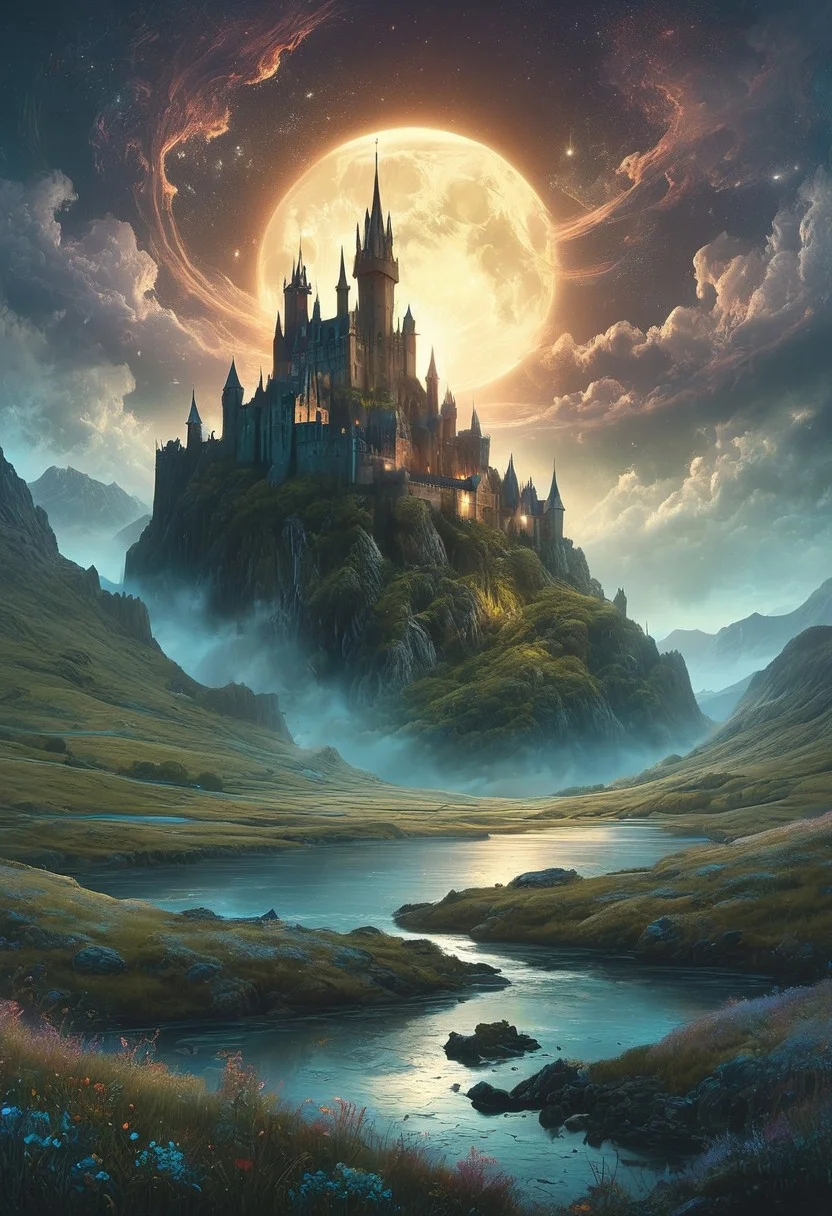 (by Ellen Jewett:1.5), (Bioluminescent Impressionism,) A captivating night scene illustration featuring a beautiful castle on a large  hill overlooking a lake in the highlands of Scotland. The castle is ancient but well maintained and updated and comfortable to live in.  This enchanting artwork captures a serene and peaceful night, where the moon is just starting to rise over the beautiful highlands and castle which   stands resolute amidst highlands, creating a cinematic experience., illustration, cinematic
<lora:DonM3t3rn1tyXL-v1.1:0.7>, DonM3t3rn1tyXL,
OverallDetailXL  <lora:MJ52:0.3>  <lora:SDXLFaeTastic2400:0.4>  <lora:EpicF4nta5yXL:0.7><lora:add-detail-xl:1> <lora:RMSDXL_Creative:2>*Channel_42* ral-wlfnte, PEAnimeBG, scenery, GhostlyStyle