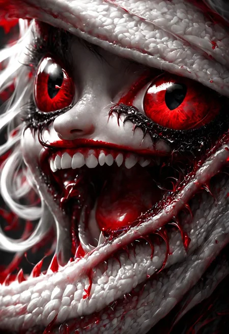 Super Close Up, evil grin, Monochrome, Red blood Highlights, 300 Style, fighting Girl, seducing lingerie, Fights giant devouring fluffy abyss, large eyes,.Hd, very Detailed, seducing offering Herself, Look to viewer, awesome Quality, luminescent, translucent, Ethereal, vibrant,