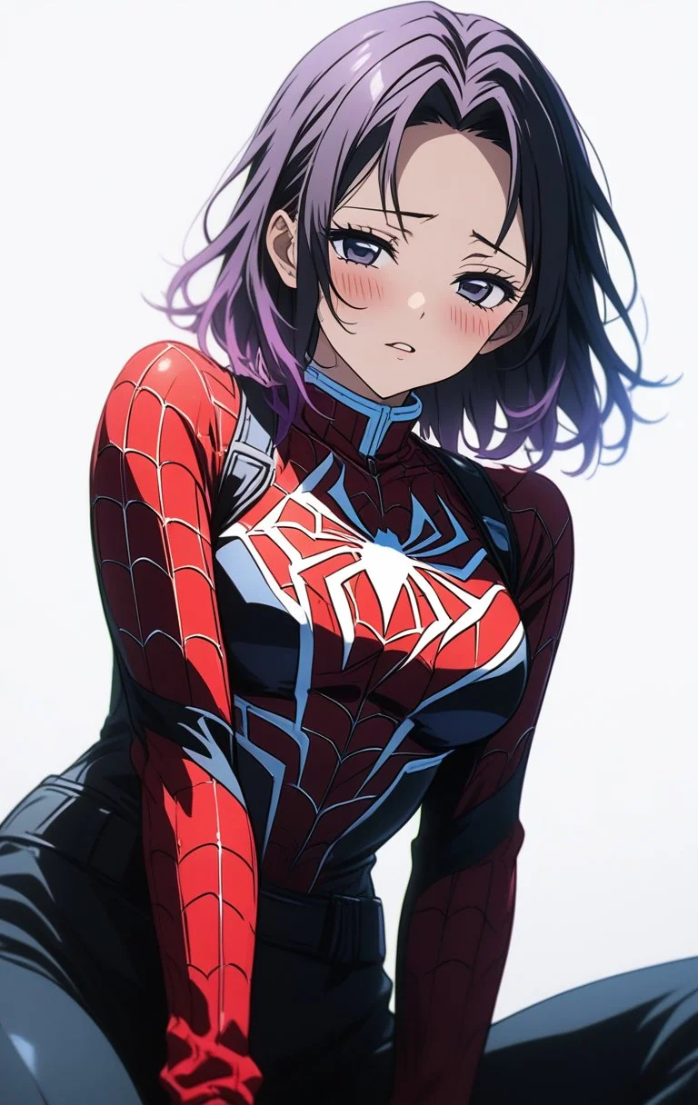 1girl,BREAK source_anime, Shinobu Kochou from Kimetsu no Yaiba , purple hair,
spiderman suit ,spiderman logo, seductive,gorgeous,stunning,simple background,white background,blush,high resolution textures,cinematic,extremely detailed <lora:Spiderman_Suit:0.7>