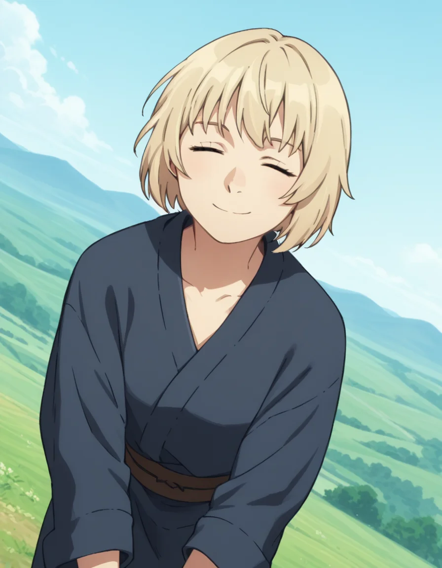 score_9, score_8_up, score_7_up, source_anime,
falintouden, <lora:falin-touden-s1-ponyxl-lora-nochekaiser:1>,
falin touden, short hair, blonde hair, closed eyes,
robe, long sleeves, open clothes,
outdoors, landscape, bent over, smile,
looking at viewer, solo, cowboy shot, dutch angle,