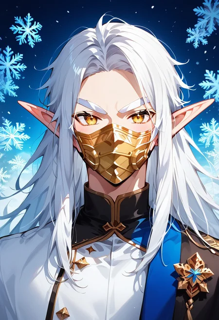 (masterpiece), (best quality), source_anime+, perfect anatomy, HD, 10k Res, digital_media_(artwork) hi_res, intricate, high quality, amazing quality, Expressive Face, (1boy, Gold Eyes, (Gold Face Mask), Not Handsome, Average, ((White Hair, White Eyebrows) Long Hair, Thick Hair, Twenty Years Old, Frost_Elf)), Drestoria-Style_V1, semi-realism, nose