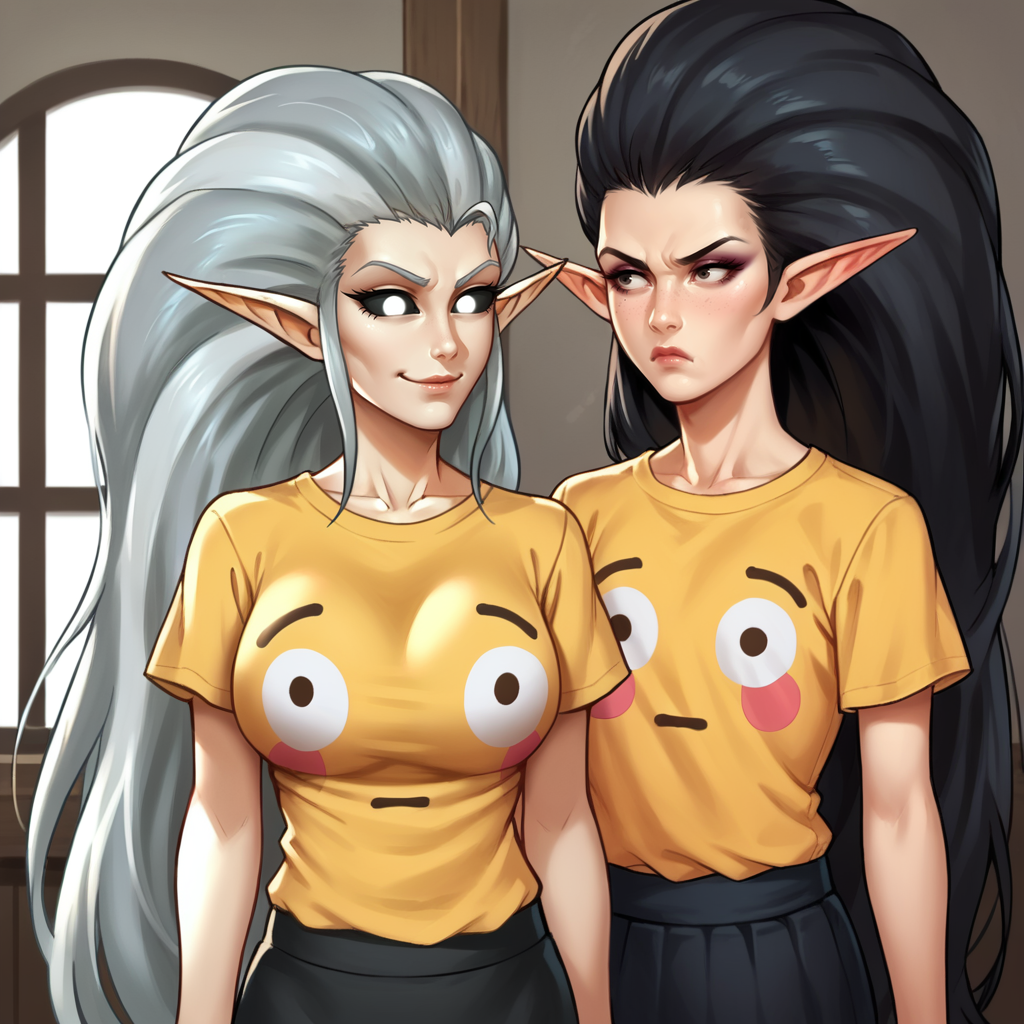 <lora:HoMM_V_-_Shadow_WitchMatriarchMistress_3_elf_girls_-_Heroes_of_Might_and_Magic_5:0.8>, <lora:FlushedEmojiShirt_pdxl_Incrs_v1:0.8>, <lora:YuPaChu_-_Artist_style:0.6> ss-YPC$tyl3