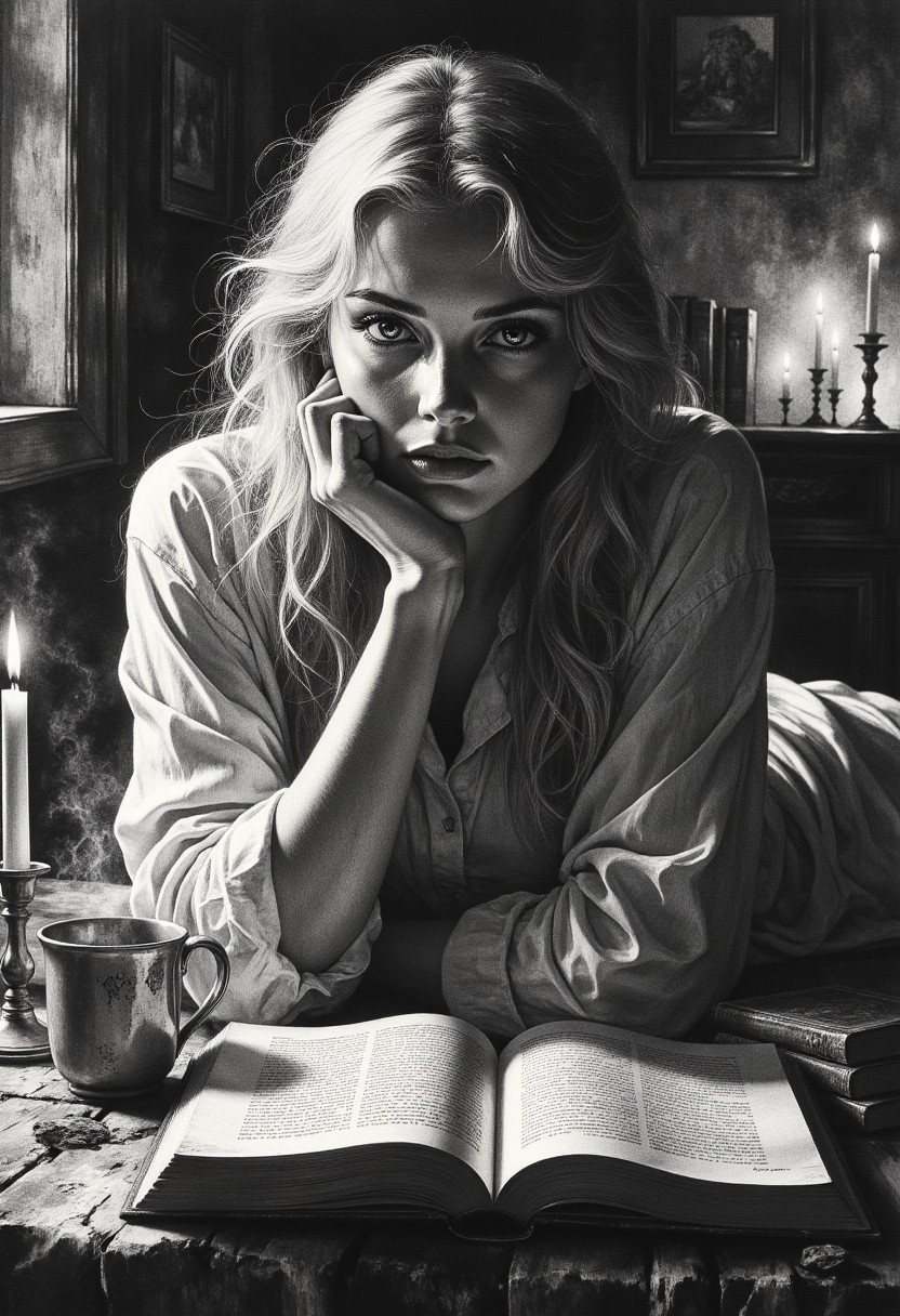 A serene, intimate black-and-white portrait of a young woman lying on her stomach, surrounded by the warm glow of flickering candlelight. Her long, tousled blonde hair cascades over her shoulders, framing her soft, contemplative expression. One arm is propped under her chin, her fingers resting lightly against her cheek, while the other drapes over an open book, its aged pages filled with dense, handwritten text.
The scene exudes a quiet stillness, the glow from the candles casting soft highlights across her smooth skin, creating a chiaroscuro effect that accentuates the delicate curves of her face and shoulders. The surrounding darkness deepens the sense of solitude, with blurred details of a dimly lit room in the background—a rustic wooden table, scattered books, and more flickering candles, their flames dancing against the shadows.
A ceramic mug sits beside her, steam curling from its rim, as if she has been lost in thought for hours. The interplay of light and shadow enhances the mood, capturing a moment of quiet introspection, warmth, and mystery in an old-world setting.