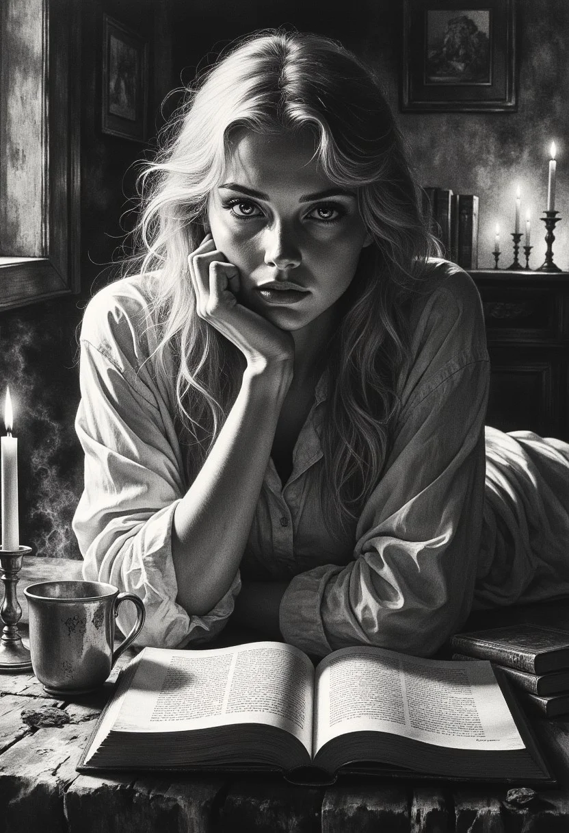 A serene, intimate black-and-white portrait of a young woman lying on her stomach, surrounded by the warm glow of flickering candlelight. Her long, tousled blonde hair cascades over her shoulders, framing her soft, contemplative expression. One arm is propped under her chin, her fingers resting lightly against her cheek, while the other drapes over an open book, its aged pages filled with dense, handwritten text.
The scene exudes a quiet stillness, the glow from the candles casting soft highlights across her smooth skin, creating a chiaroscuro effect that accentuates the delicate curves of her face and shoulders. The surrounding darkness deepens the sense of solitude, with blurred details of a dimly lit room in the background—a rustic wooden table, scattered books, and more flickering candles, their flames dancing against the shadows.
A ceramic mug sits beside her, steam curling from its rim, as if she has been lost in thought for hours. The interplay of light and shadow enhances the mood, capturing a moment of quiet introspection, warmth, and mystery in an old-world setting.