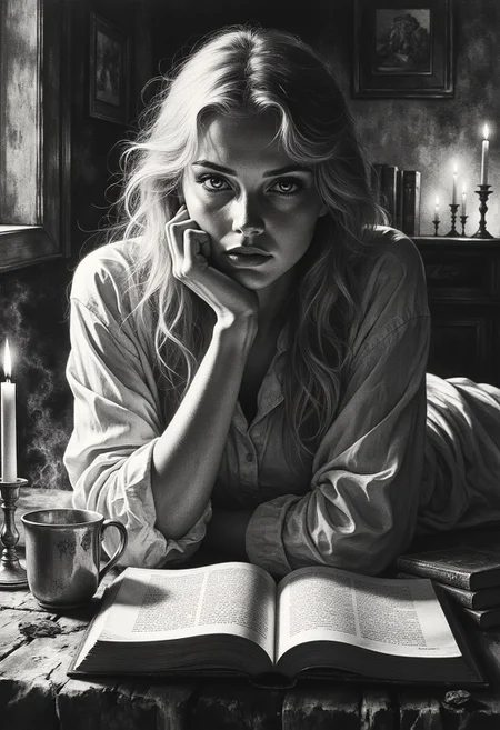 A serene, intimate black-and-white portrait of a young woman lying on her stomach, surrounded by the warm glow of flickering candlelight. Her long, tousled blonde hair cascades over her shoulders, framing her soft, contemplative expression. One arm is propped under her chin, her fingers resting lightly against her cheek, while the other drapes over an open book, its aged pages filled with dense, handwritten text.
The scene exudes a quiet stillness, the glow from the candles casting soft highlights across her smooth skin, creating a chiaroscuro effect that accentuates the delicate curves of her face and shoulders. The surrounding darkness deepens the sense of solitude, with blurred details of a dimly lit room in the background—a rustic wooden table, scattered books, and more flickering candles, their flames dancing against the shadows.
A ceramic mug sits beside her, steam curling from its rim, as if she has been lost in thought for hours. The interplay of light and shadow enhances the mood, capturing a moment of quiet introspection, warmth, and mystery in an old-world setting.