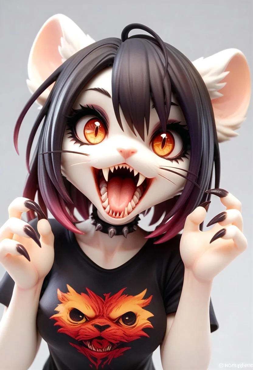 score_9, score_8_up, score_7_up, source_furry, OMTW1, open mouth, sharp teeth, bright eyes, sharp nails, body fur, gradient hair, eyeliner, small claws, gradient eyes, black shirt, print shirt, choker, medium breasts