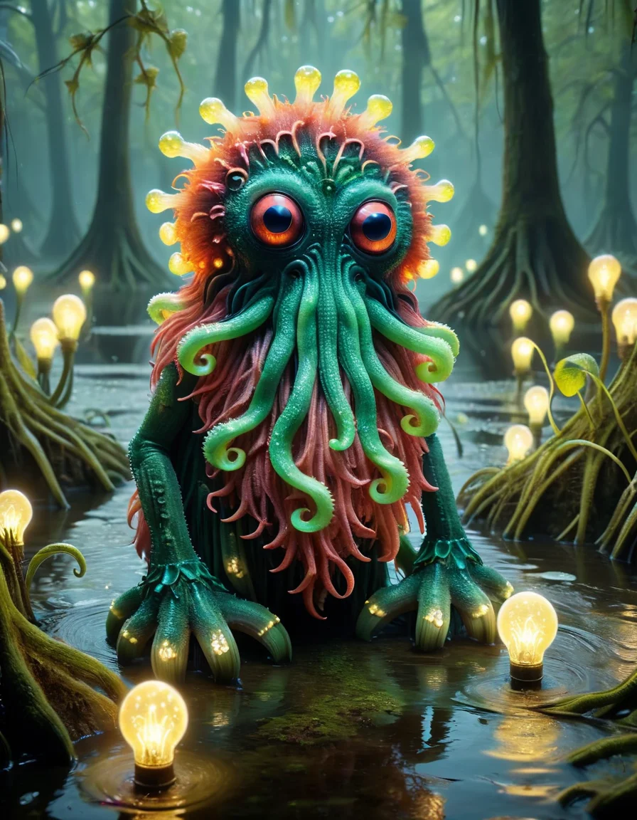 A cute colorful fluffy cthulhu, wildlife photography, in a ral-bnz swamp, 4K UHD, 8K UHD, High-definition, capturing <lora:ral-lgtblb-sdxl:1> ral-lgtblb