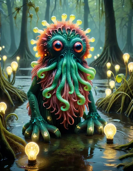 A cute colorful fluffy cthulhu, wildlife photography, in a ral-bnz swamp, 4K UHD, 8K UHD, High-definition, capturing <lora:ral-lgtblb-sdxl:1> ral-lgtblb
