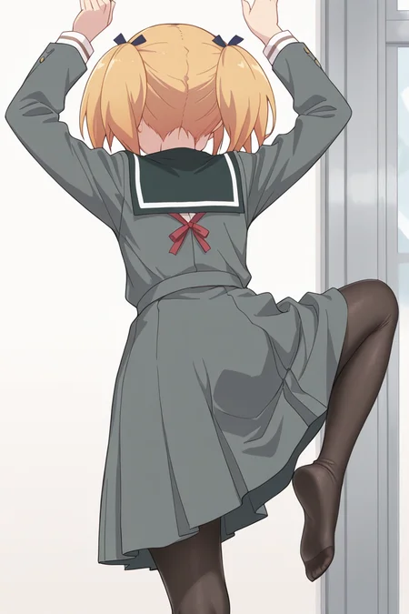 masterpiece, best quality, amazing quality,
 <lora:Yuu_IL:1> yuu, 1girl, solo, pantyhose, twintails, school uniform, long sleeves, leg up, standing, no shoes, facing away, arms up, standing on one leg, grey dress, blonde hair, ribbon