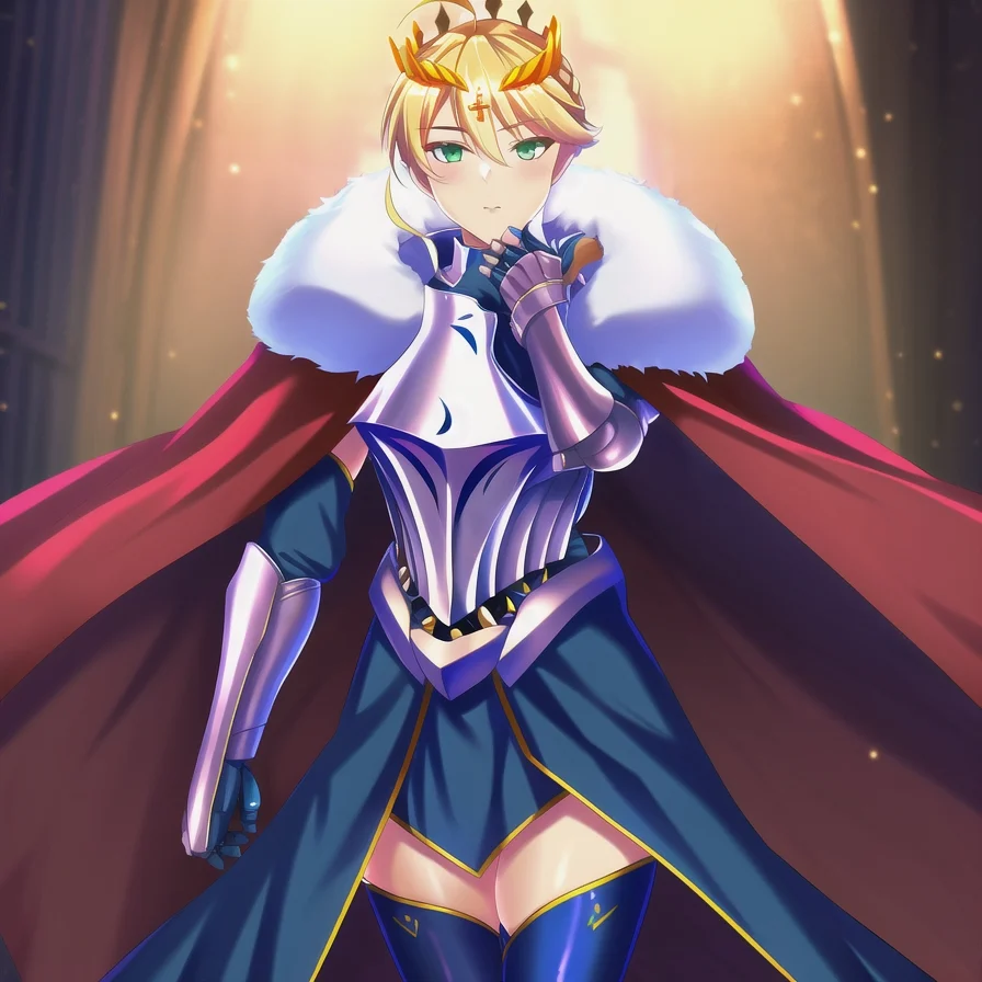 1girl, <lora:artolanc V4:0.88>, ahoge, armor, blonde_hair, braid, cape, crown, dress, french_braid, fur-trimmed_cape, fur_trim, gauntlets, green_eyes, breastplate, hand, hands, arm, arms, looking_at_viewer, saber, solo, standing, thighhighs, sidelocks, artolanc, (masterpiece), (best quality)