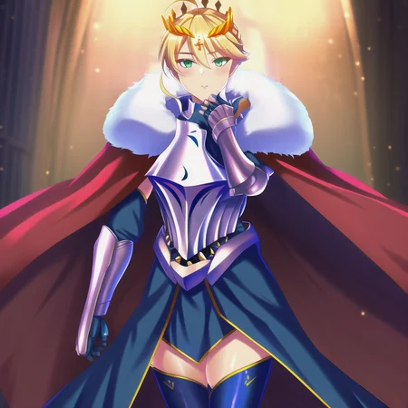 1girl, <lora:artolanc V4:0.88>, ahoge, armor, blonde_hair, braid, cape, crown, dress, french_braid, fur-trimmed_cape, fur_trim, gauntlets, green_eyes, breastplate, hand, hands, arm, arms, looking_at_viewer, saber, solo, standing, thighhighs, sidelocks, artolanc, (masterpiece), (best quality)