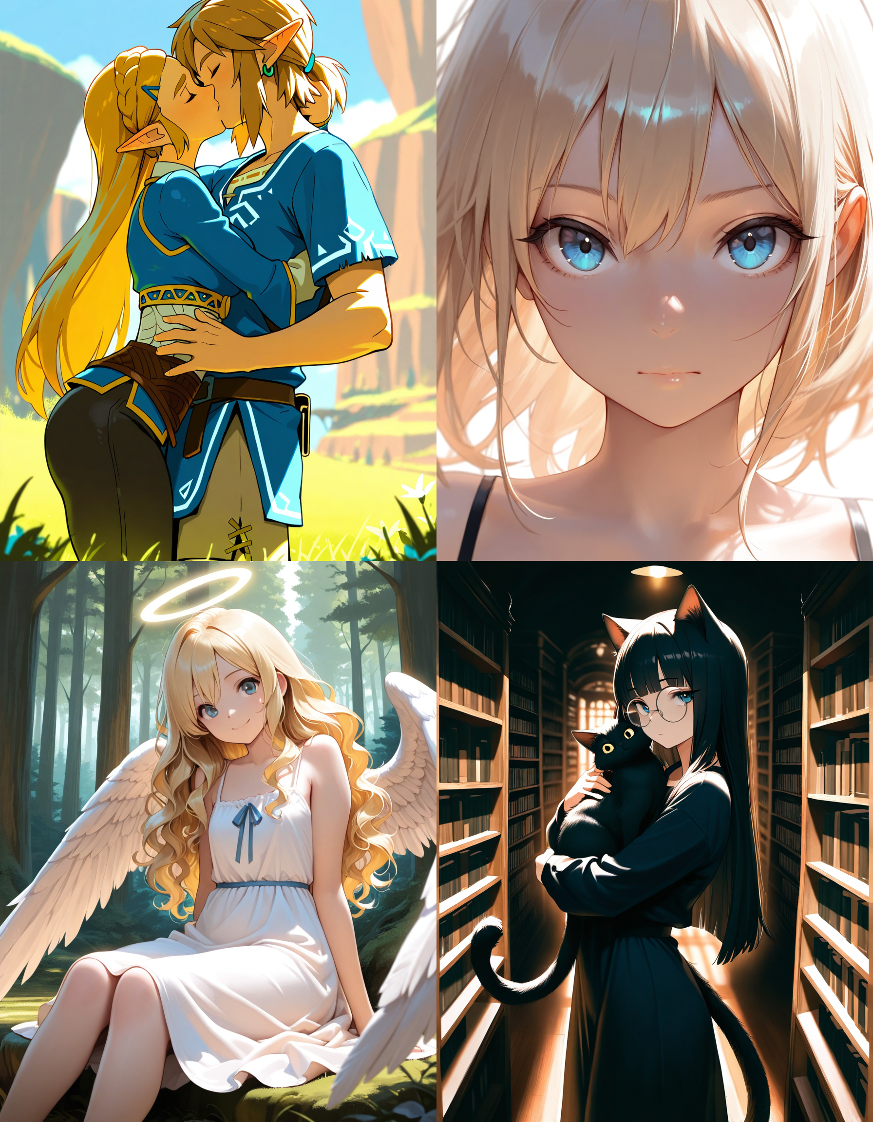 https://civitai.com/articles/8642 __ 1st image: masterpiece, best quality, 1girl, 1boy, princess zelda, the legend of zelda: breath of the wild, standing, kiss, hug, closed eyes, outdoors __ 2nd image: masterpiece, best quality, 1girl, face, portrait, looking at viewer, closed mouth __ 3rd image: masterpiece, best quality, 1girl, solo, blonde hair, wavy hair, angel, angel wings, halo, smile, sitting, forest, white dress __ 4th Image: masterpiece, best quality, 1girl, solo, long hair, black hair, blunt bangs, straight hair, round eyewear, cat girl, cat ears, cat tail, standing, hug, cat, looking at viewer, library, dark, dim lighting