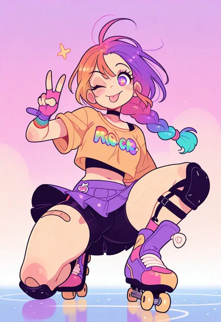 1girl , roller skating , slender , cropped top , cute , long hair , rainbow hair , floating hair , knee guard , band-aid , choker , rainbow opera gloves , fingerless gloves, side braid , long braid , freckle , skirt , bike shorts , tongue out , winking , peace sign , rainbow eye , on one knee ,
masterpiece ,best quality ,amazing quality, Flatline, Flat vector illustration, rapscallionstyle ,