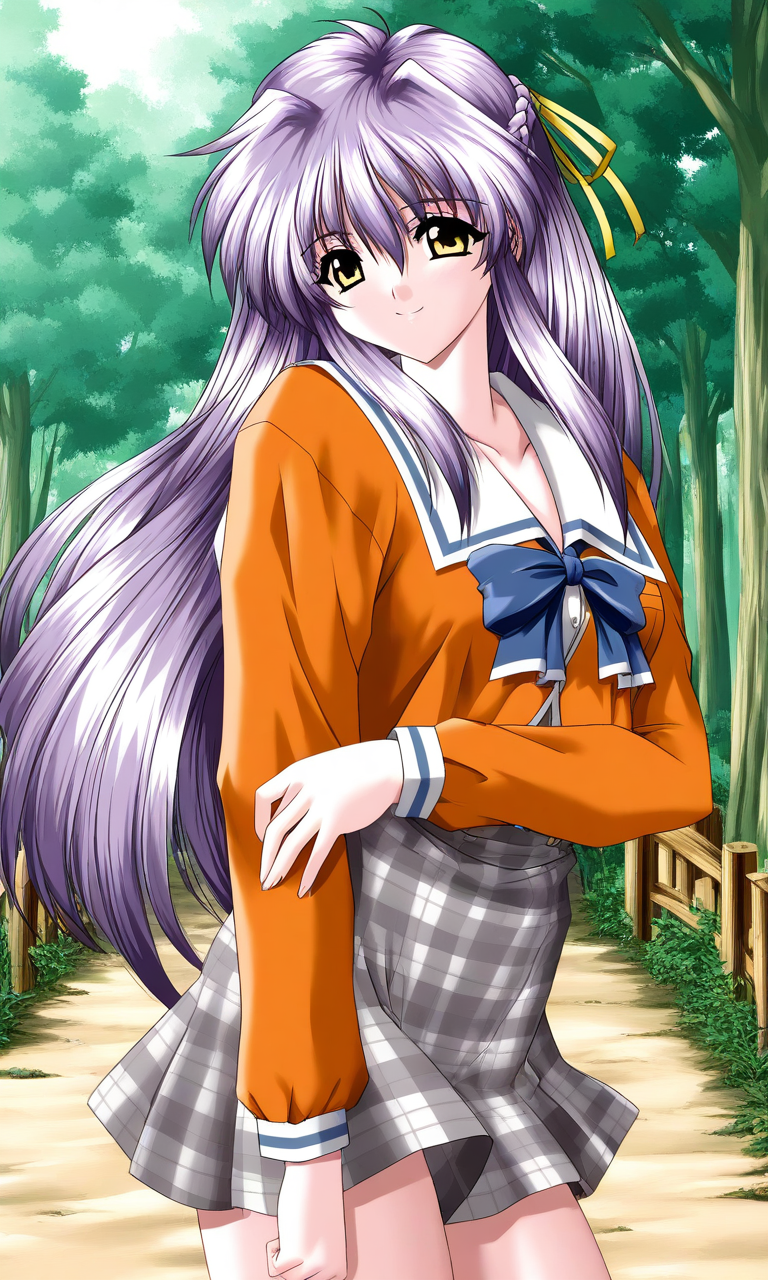 general,highres, ultra-detailed,very aesthetic,best quality ,best hands, BREAK <lora:Nishikujo_Shion_Akumu_AoiKajitsunoSange_IS:1>
Nishikujo_Shion, 1girl, solo, light purple hair, long hair, yellow eyes, hair ribbon, yellow ribbon, small breasts,
orange school uniform, ribbon, white and gray skirt, outdoors, smile, 
nature, tree, plaid, braid, plaid skirt, bow, forest, half updo, long sleeves, day, serafuku,
wood bridge,