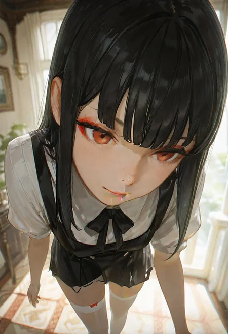 masterpiece, ultra-HD, cinematic lighting, photorealistic, impressionism (1.5), high detail, depth of field, (blurred background), (dramatic lighting),masterpiece, best quality, very aesthetic,8k,masterpiece, best quality,realistic, masterpiece, best quality, 8k, 
, simple_background, , 
, half close-up, sexy pose, long black hair, straight hair,blunt bangs, red eye makeup,
, asian girl, small head, pretty girl, korean girl, 
((slim body)), Dynamic angle, Dynamic pose, sfw, portrait,
girl, black maid uniform, white stockings, black loafers, soft smile, in a mansion