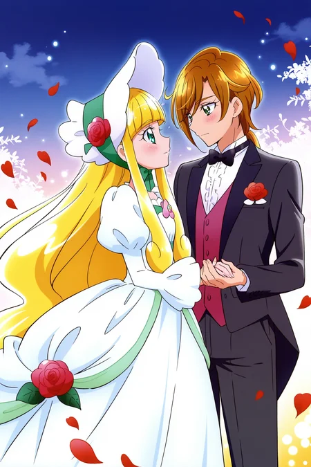 <lora:Mahoutsukai_Precure:1>, Mahoutsukai_Precure, 1girl, dress, long hair, 1boy, flower, green eyes, blonde hair, rose, holding hands, petals, very long hair, brown hair, white dress, bow, formal, bowtie, bonnet, blush, long sleeves, rose petals, frills, red rose, red flower, puffy sleeves, gown, looking at another, suit, hetero, brown eyes, blunt bangs, standing, pants, eye contact, couple, black pants, black bowtie