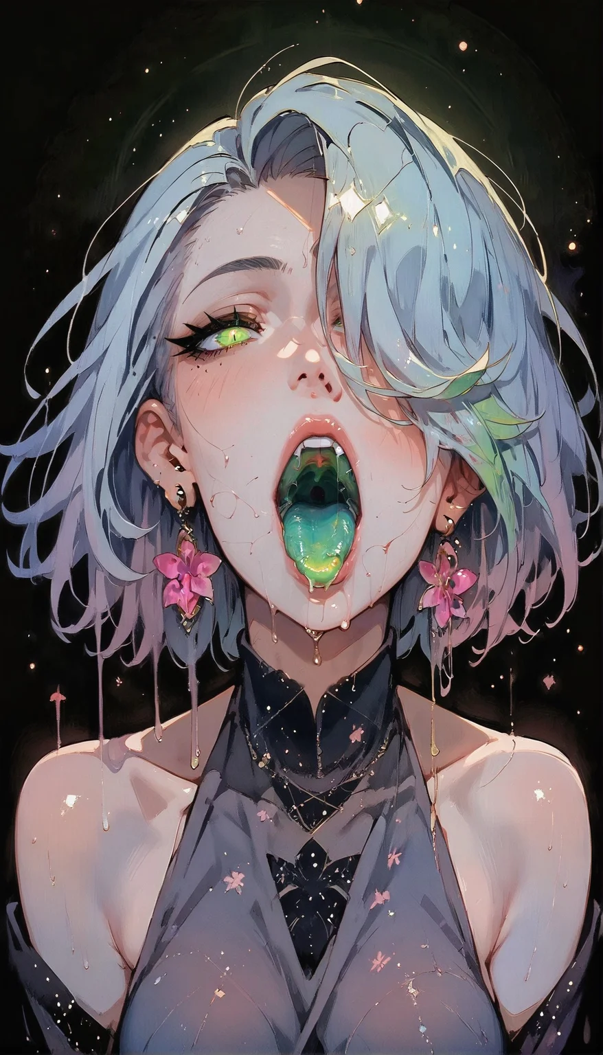 (score_9, score_8_up:1.1), score_7_up, masterpiece, best quality, highly detailed, 1 girl, solo, glowing eyes, green eyes, bedroom eyes, green hair, jewelry, earrings, hair over one eye, looking down, open mouth, tongue out, green saliva, glowing hair, green hair, liquid hair, colored tongue, simple background, black background, green theme <lora:Expressive_H-000001> expressiveh <lora:Gothic Art 2 Style SDXL_LoRA_Pony Diffusion V6 XL:0.8> <lora:g0th1cPXL:0.8> g0thicPXL