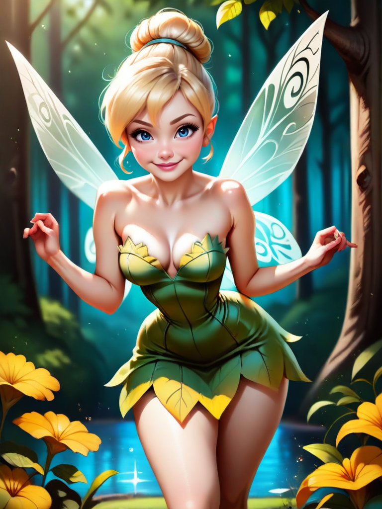 highres, hi res, best quality, masterpiece, intricate details, absurdres, 4k,
1girl, walking in a forest around multiple flowers, magic particles, leaning forward, cute pose, medium breasts, narrow waist, wide hips, thick thighs, cinematic, naughty face, smile, disney style, looking at viewer, realistic, cute, detailed landscape, cowboy shot, 
 <lora:TinkerExtra_character:0.8>,TinkerWaifu, fairy wings, blonde hair, blue eyes, green dress, sexy, single hair bun, strapless,