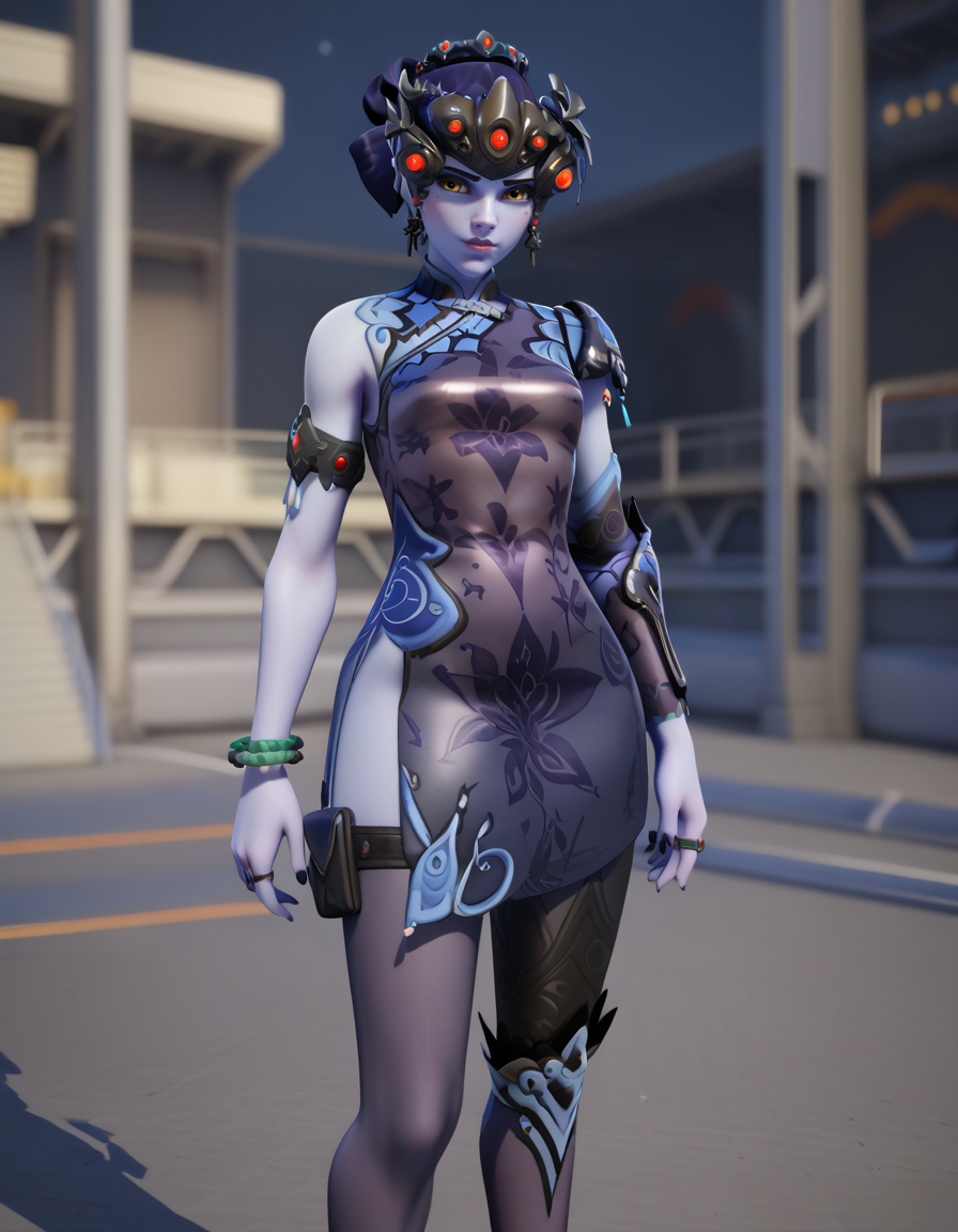Masterpiece, high-res, 2k, best quality, 3d,  1girl , widowblacklily, widowmaker (overwatch)   <lora:Widow_black_lily_Pony-000040:1> at night,