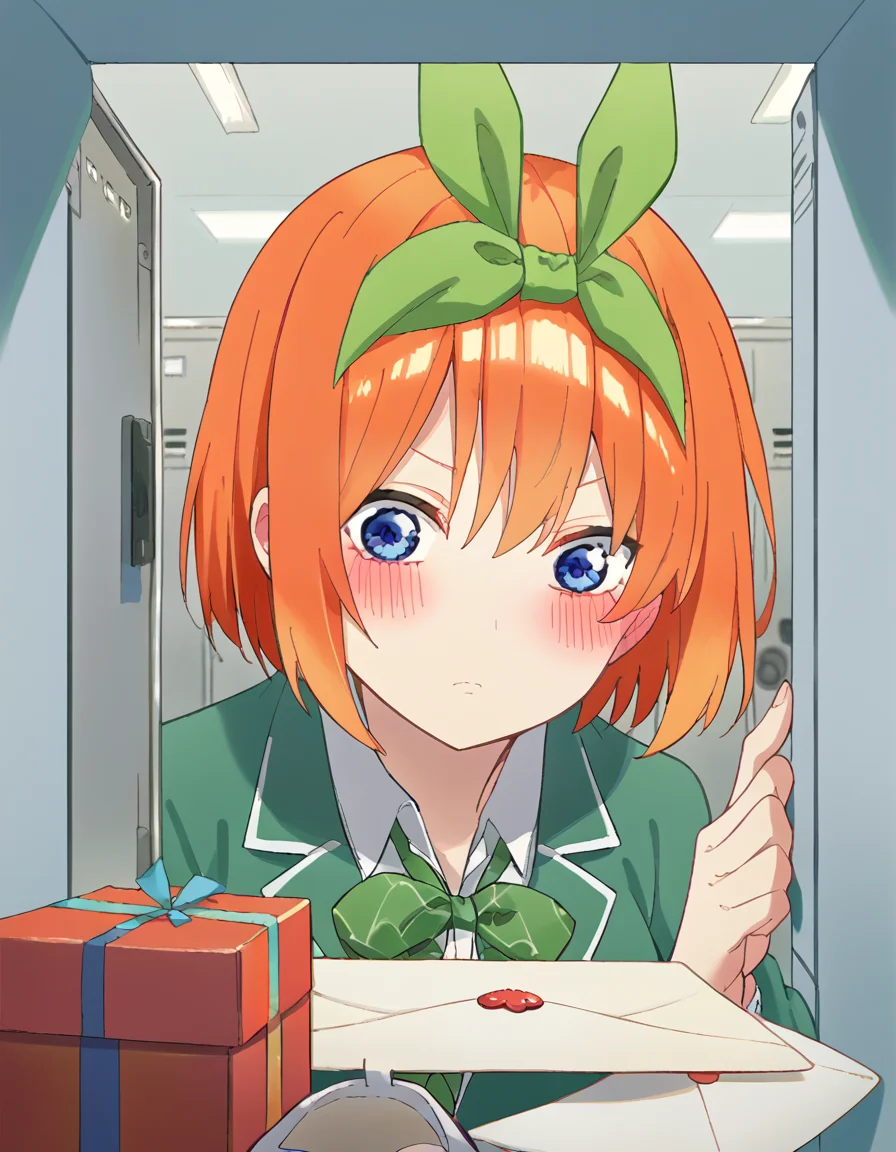 score_9, score_8_up, score_7_up, source_anime, <lora:yotsuba-nakano-s2-ponyxl-lora-nochekaiser:1>, yotsuba nakano, bangs, short hair, blue eyes, hair between eyes, hair ribbon, hairband, orange hair, green ribbon, large breasts,, <lora:shoe-locker-pov-ponyxl-lora-nochekaiser:1> shoe locker pov, locker, letter, school, gift box, unworn shoes, blush,, ,