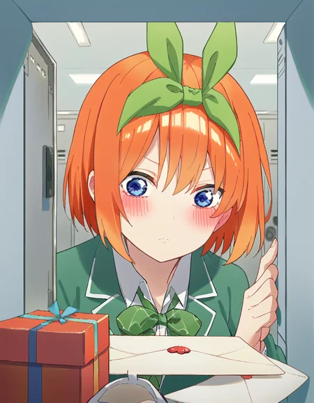 score_9, score_8_up, score_7_up, source_anime, <lora:yotsuba-nakano-s2-ponyxl-lora-nochekaiser:1>, yotsuba nakano, bangs, short hair, blue eyes, hair between eyes, hair ribbon, hairband, orange hair, green ribbon, large breasts,, <lora:shoe-locker-pov-ponyxl-lora-nochekaiser:1> shoe locker pov, locker, letter, school, gift box, unworn shoes, blush,, ,
