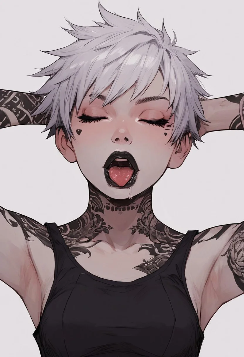 score_9, score_8_up, score_7_up, high detailed, high quality, masterpiece, no text, quality highlights, 8k detail, detailed background, source_anime, dynamic view, hentai, ultra-detailed,
...
1girl, solo, female focus, expressiveh,
(white hair), (punk hair), ((white skin)),
((short hair)),
black eyes, ((black tattoos)), seductive, gorgeous, collarbone,
(perfect slender body), thick lips,
(small breasts), (incredibly sexy),
((black lips)),
...
closed eyes, open mouth,
upper body, posing, tongue out, saliva,
front view, focus on face,
((black tank top)), hands behind head,
navel,
...
(((white flat background)))