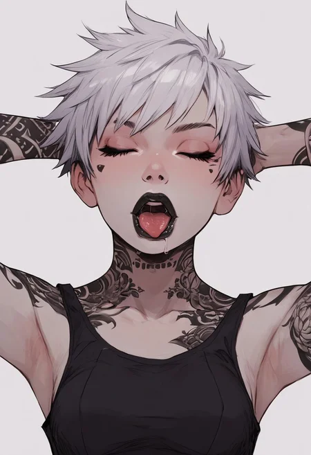 score_9, score_8_up, score_7_up, high detailed, high quality, masterpiece, no text, quality highlights, 8k detail, detailed background, source_anime, dynamic view, hentai, ultra-detailed,
...
1girl, solo, female focus, expressiveh,
(white hair), (punk hair), ((white skin)),
((short hair)),
black eyes, ((black tattoos)), seductive, gorgeous, collarbone,
(perfect slender body), thick lips,
(small breasts), (incredibly sexy),
((black lips)),
...
closed eyes, open mouth,
upper body, posing, tongue out, saliva,
front view, focus on face,
((black tank top)), hands behind head,
navel,
...
(((white flat background)))