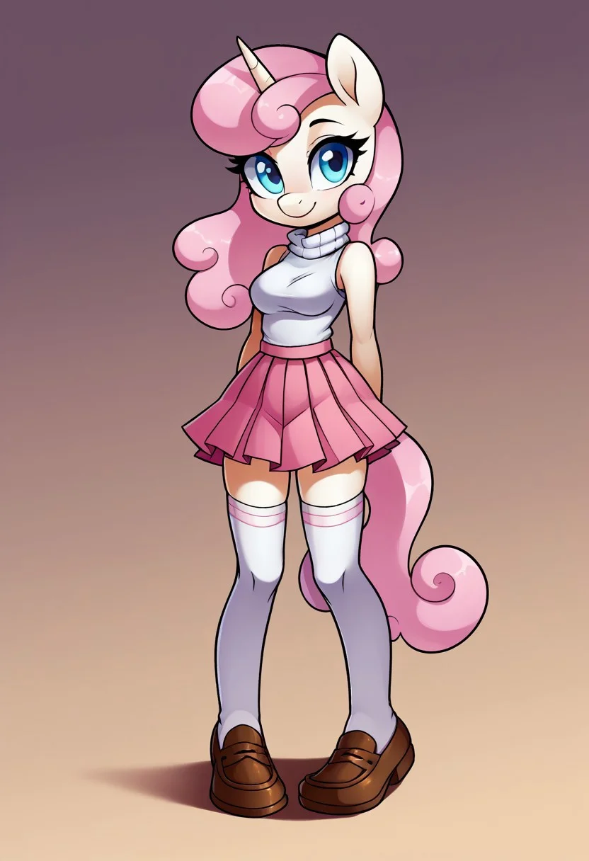 score_9, score_8_up, score_7_up, score_6_up, score_5_up, score_4_up, j3n, 1girl, solo, Full body, female, petite, furry, twinkleshine_(mlp), Moderate arctic blue eyes, unicorn, Light goldish gray skin, Pale Pink Hair, medium breasts, pleated skirt, white shirt, pink skirt, white thighhighs, sleeveless, turtleneck, loafers, smile, standing, legs together, arms at sides