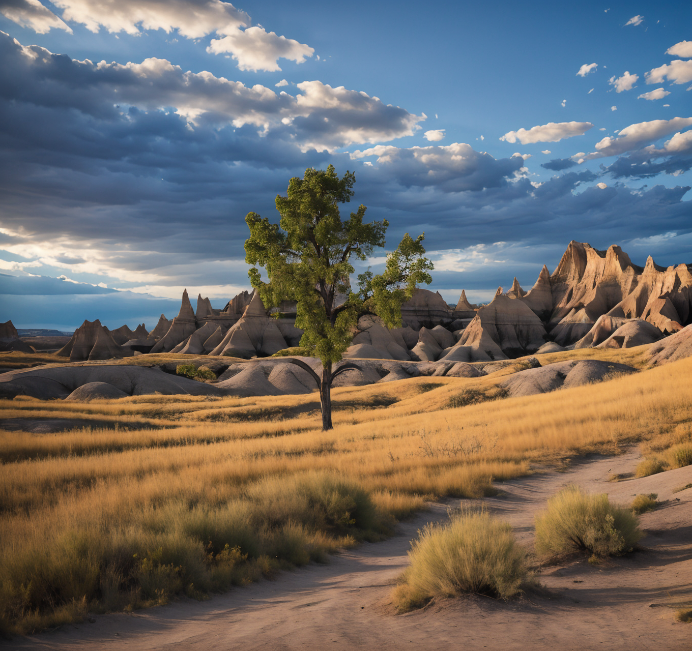 RAW photo, (masterpiece:1.3), subsurface scattering, heavy shadow, (high quality:1.4), (intricate, high detail:1.2), professional photography, HDR, High Dynamic Range, realistic, ultra realistic, photorealistic, high resolution, film photography, ambient lighting, atmospheric effects, <lora:detail_slider_v4:2>, OverallDetail,  <lora:Badlands:1>, badlands, bare tree, blue sky, building, cloudy sky, contrail, desert, flower, flying, hill, horizon, landscape, mountainous horizon, nature, no humans, outdoors, river, scenery, skull, sky, tree, wheat