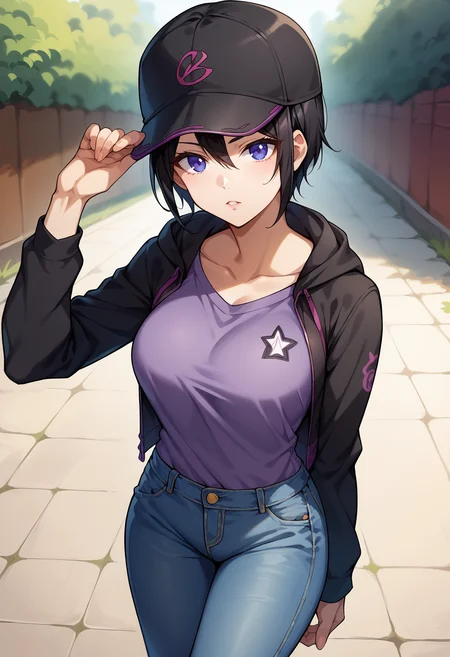 score_9,score_8_up,score_7_up,1girl,jelosesn,solo,standing,outdoors,black hair,short hair,hair between eyes,sidelocks,blue eyes,baseball cap,black headwear,black jacket,hooded jacket,open jacket,purple shirt,denim,pants,looking at viewer,parted lips,<lora:Suminoe_Shion-JeloXL-000005:1>,