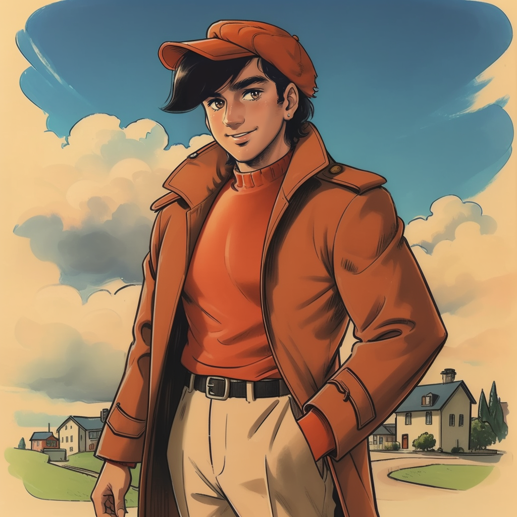 (masterpiece, best quality:1.3), 1boy, solo, looking at viewer, mature man, closed mouth, smile, Yabuki Joe, black hair, orange shirt, bangs, brown eyes, hat, orange hat, jacket, popped collar, open clothes, cap, trench coat  cowboy shot, full body, town, <lora:Yabuki Joe:.7>