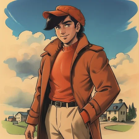 (masterpiece, best quality:1.3), 1boy, solo, looking at viewer, mature man, closed mouth, smile, Yabuki Joe, black hair, orange shirt, bangs, brown eyes, hat, orange hat, jacket, popped collar, open clothes, cap, trench coat cowboy shot, full body, town, <lora:Yabuki Joe:.7>
