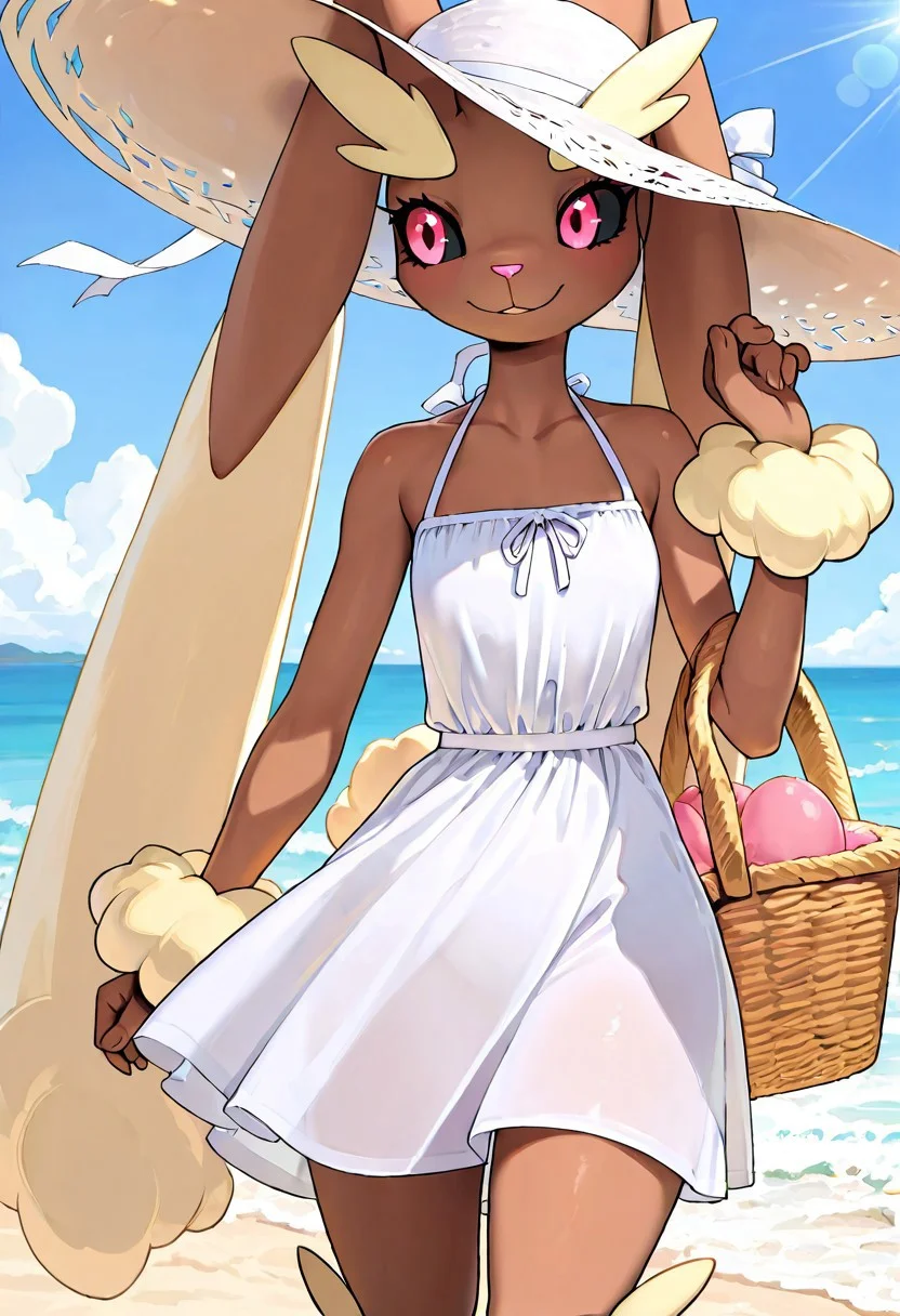 masterpiece, best quality, amazing quality, very aesthetic, high resolution, ultra-detailed, absurdres, newest,
lopunny, cowboy shot, beach, walking, shore line, sun dress, sun hat, basket on arm side,