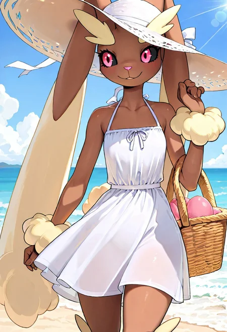 masterpiece, best quality, amazing quality, very aesthetic, high resolution, ultra-detailed, absurdres, newest,
lopunny, cowboy shot, beach, walking, shore line, sun dress, sun hat, basket on arm side,