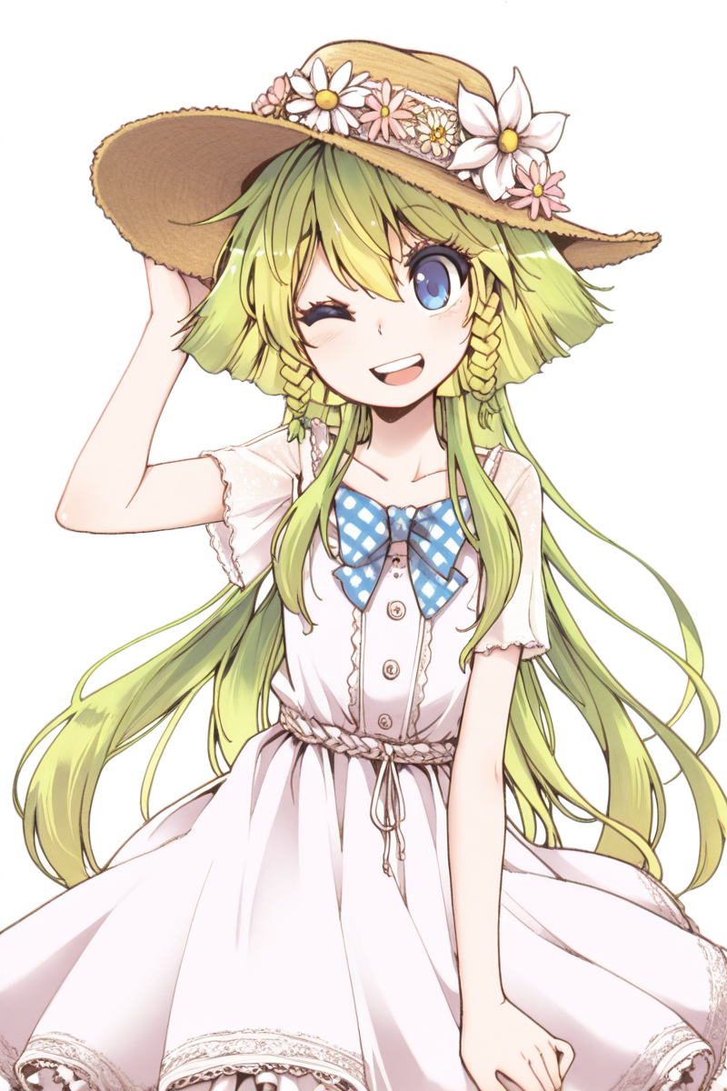 masterpiece, best quality, amazing quality,
 <lora:CrzNghbr_IL:1> crznghbr, 1girl, solo, one eye closed, hat, long hair, braid, blue eyes, dress, smile, green hair, blonde hair, open mouth, bow, flower, mnchr