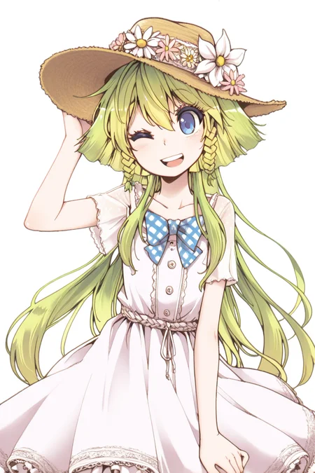 masterpiece, best quality, amazing quality,
 <lora:CrzNghbr_IL:1> crznghbr, 1girl, solo, one eye closed, hat, long hair, braid, blue eyes, dress, smile, green hair, blonde hair, open mouth, bow, flower, mnchr