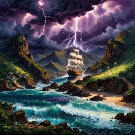 Oil pastel landscape scene where sea waterspout storm with lightning is the focal point. The storm dominates the skyscape while in the foreground a tall pirate sailboat in a steep mountain pass. ((Highest quality: 1.0), (High resolution: 1.0), (masterpiece: 1.0), beautiful and aesthetic: 1.3), extremely detailed, colorful, very detailed, ((ultra-detailed)), (highly detailed CG illustration), ((Dark and purple hues, shadow, mysterious,)),