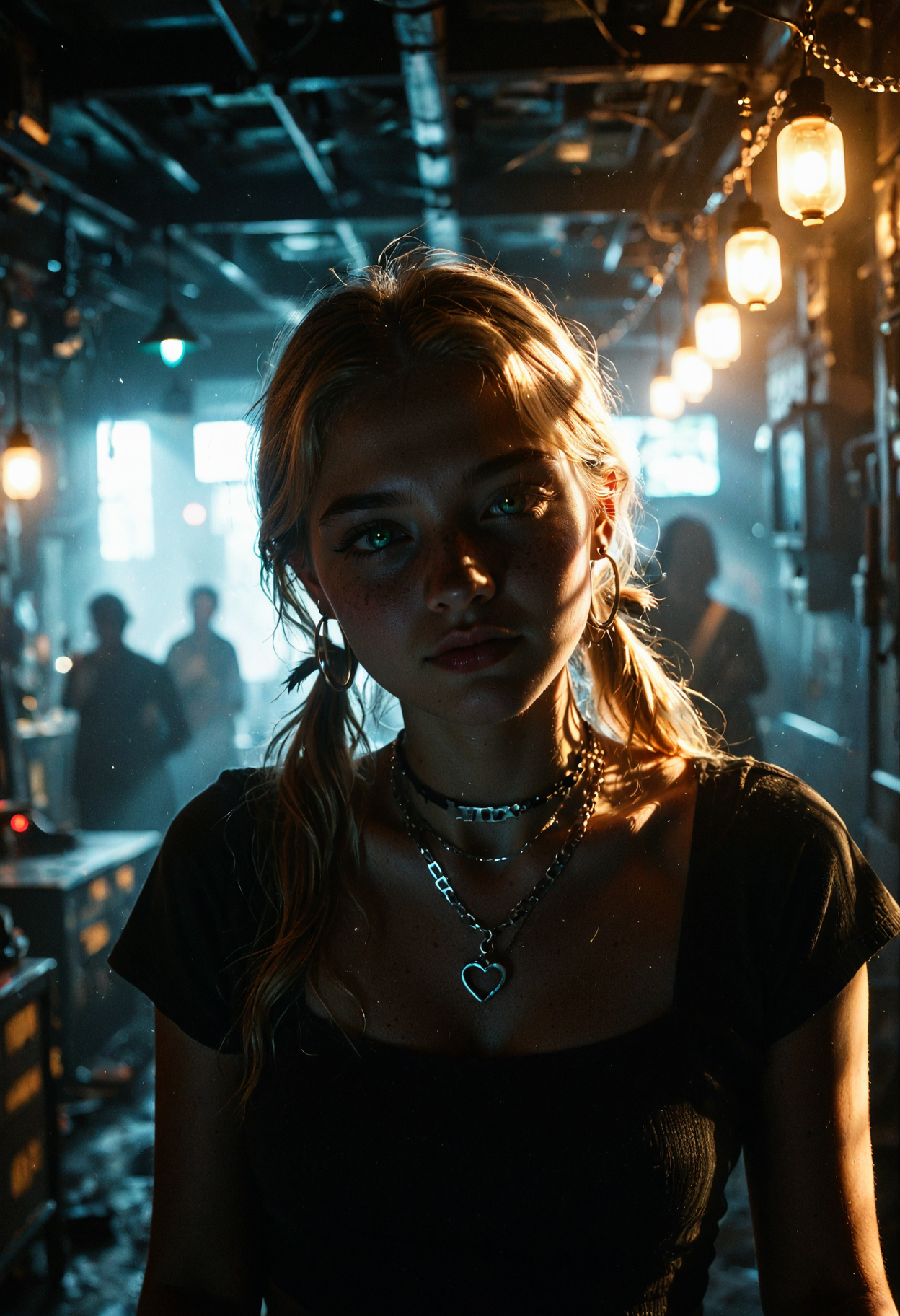Real life photograph featuring a young german woman, in a brutalist interior with digital lighting pronouncing her silhouette from behind.
The focus of the portrait shot is on the woman's face, giving only a glimpse of her black top's straps, accentuated by jewelry.
Her downturned green eyes are accentuated by black eyeshadow emphasized by long false lashes in a goth style, combined with matte black lipstick on her heart-shaped lips.
She wears her blonde hair in low, puffy twintails style, with dark roots. Her mood appears longing and lost in thought, her head tilted down, gazing to the left, adding to the pensive tone of the image.
She is wearing a silver chain necklace combined with hoop earrings.
The scene is set within a haunted brutalist temple deep underground with floating neon lanterns in a wireframe design.
<lora:p_Dramatic Lighting Slider.safetensors:2.1>
<lora:p_Amateur_RawCam_slider_250_v1.safetensors:2.5>