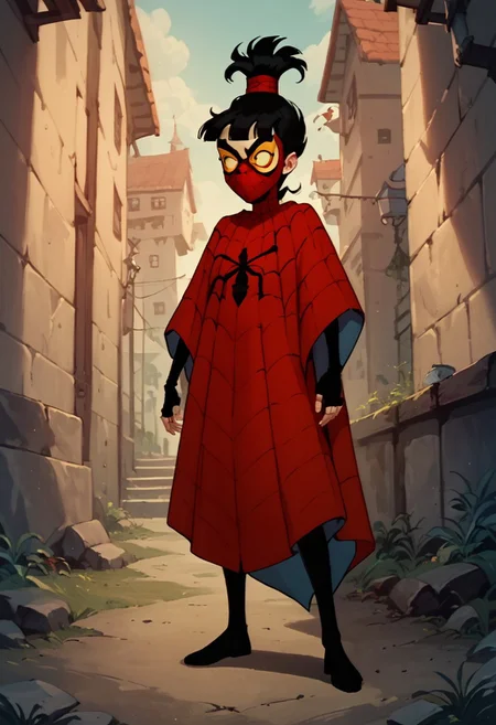 score_9, score_8_up, score_7_up, score_6_up, score_5_up, Lydia1, 1girl, solo, black hair, topknot, blunt bangs, red cape, spiderweb design, black fingerless gloves, black pantyhose, mask