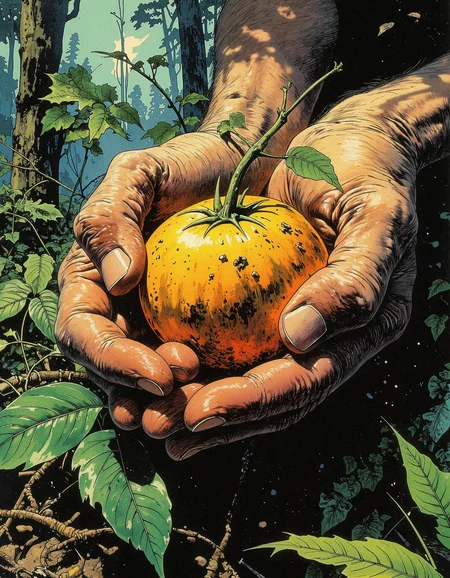 A low-angle, wide-angle lens captures a close-up of a person's hands cradling a nispero fruit in a rustic, organic setting amidst a lush forest, as if seen through the lens of a 1980s neon-lit photograph on Kodak Ektachrome film. Inspired by the conceptual works of Robert Rauschenberg, with a focus on semibarbarianism and skiter-inspired brushstrokes. The primary light source is a warm, earthy glow from a soft spotlight, creating a natural and grounded atmosphere. Atmospheric effects of fog and haze envelop the scene, while a subtle color palette of greens and browns dominates the visual narrative. Compositionally, the hands and fruit are centered in the frame, with negative space surrounding them to emphasize their organic forms. Rendering style is photorealistic, with an emphasis on capturing the textures and details of the subject's skin and the nispero's rough exterior. Special effects include subtle lens flares and camera dust, adding a tactile quality to the image. Inspired by the works of Frida Kahlo in terms of mood and atmosphere., <lora:models\Flux\Vintage comic book:1.5> in style of comic book,