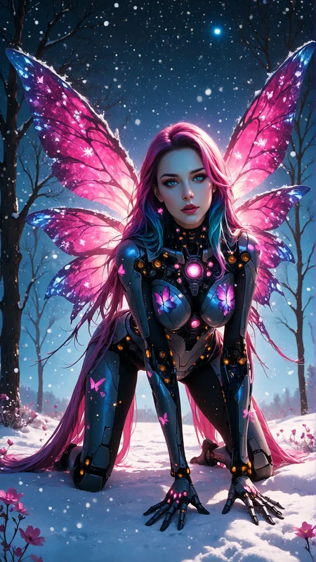 score_9, score_8_up, score_7_up, 8K Ultra Realistic, Jed-dblexpsre effect, double exposure of planets and stars, merged, Jed-dblexpsre, double exposure huge spread cyber butterfly wings decorated with snowflakes planets and stars, multicolor dyed hair, very long straight hair, seablue eyes, cyborg girl, cyborg body details, (dark:1.3) fields of snow with planets and stars, on all fours, flirty, bedroom eyes,