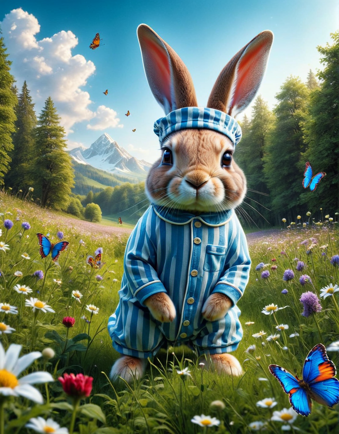 A ais-pyjms rabbit, chasing butterflies in a flower meadow <lora:ais-pyjms-sdxl:1>, masterpiece, uhd, 4k
