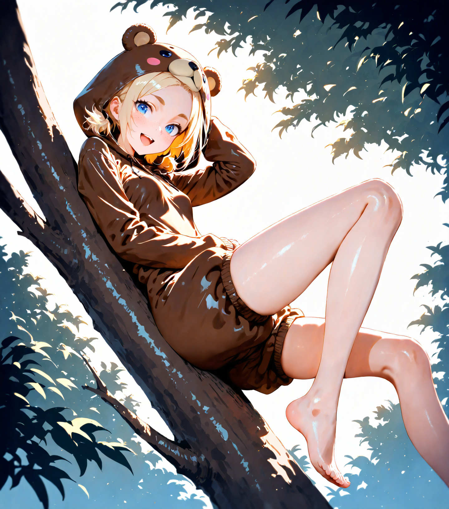 1girl, explicit, crosica_nemo, blue eyes, freckles, blonde hair, cute:2.0
BREAK ((bear costume)), bear onesie, onesie, puffy shorts, hood on head
BREAK happy, smile, looking at viewer, laying on a branch, on a tree, from below, open mouth, legs dangling, from side
BREAK forest, siberia, summer, ((detailed background)), perfect body, perfect, romantic lighting, (((detailed))), ((soft shading)), masterpiece, high score, great score, absurdres