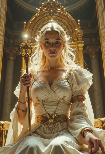 Extreme Closeup Portrait, Monochrome with color, radiant whites and golds, faint touches of azure. A towering hall of marble and gold, its walls etched with divine symbols that seem to glow with their own light. Massive pillars rise to a vaulted ceiling, where a fresco of celestial beings gazes down. Seated on a throne of pure gold is a goddess-queen, her presence overwhelming and awe-inspiring. Her gown, a masterpiece of flowing white silk and shimmering gold embroidery, cascades around her, pooling at the foot of her throne. Her skin, flawless and radiant, seems almost unreal, as if carved from marble. Her face is the pinnacle of perfection: symmetrical, serene, and utterly divine. Her golden eyes, glowing faintly, seem to look through and beyond the viewer, as if she sees all that was, is, and will be. Her lips, painted a subtle rose gold, are curved into an enigmatic smile that holds the weight of eternity. In one hand, she holds a scepter crowned with a radiant gem that emits a pure, calming light. The other rests delicately on the armrest of her throne, her fingers adorned with intricate rings that seem alive with power. She is unapproachable, untouchable—a vision of perfection that commands reverence and desire in equal measure.