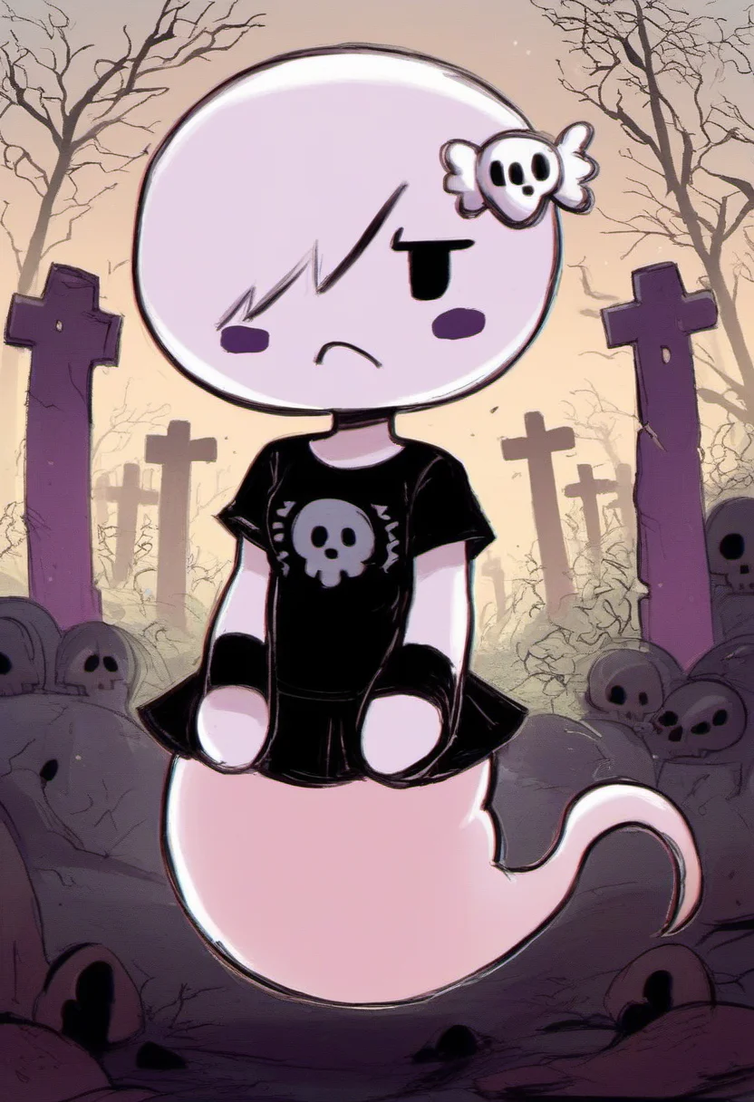 zPDXL, zPDXLxxx, score_9, score_8_up, score_7_up, score_6_up, score_5_up, score_4_up, BREAK rating_safe, source_cartoon, 2d, flat color, <lora:Carrie_Krueger_Gumball_for_PonyXL:1>, carrie_krueger, 1girl, solo, black eyes, hair over one eye, detailed background, short hair, frown, blush stickers, graveyard, full body, skull hair ornament, black t-shirt, black skirt, ghost tail