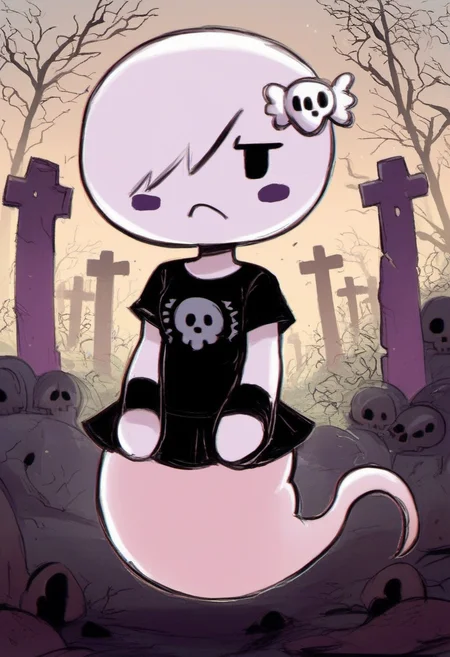 zPDXL, zPDXLxxx, score_9, score_8_up, score_7_up, score_6_up, score_5_up, score_4_up, BREAK rating_safe, source_cartoon, 2d, flat color, <lora:Carrie_Krueger_Gumball_for_PonyXL:1>, carrie_krueger, 1girl, solo, black eyes, hair over one eye, detailed background, short hair, frown, blush stickers, graveyard, full body, skull hair ornament, black t-shirt, black skirt, ghost tail